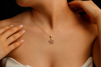 A close-up image of a woman wearing a silver necklace with a gold-colored star-shaped pendant.