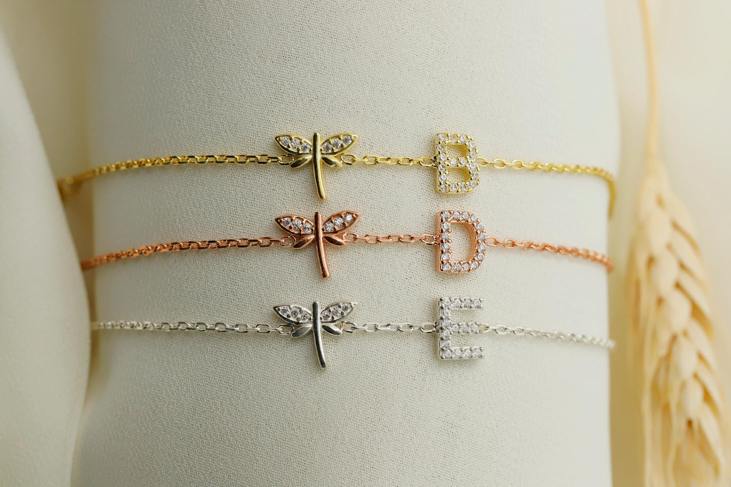 Dragonfly  Bracelet with Initial  • CZ Dragonfly Jewelry • Initial Bracelet with Infinity Sign • Custom Bracelet • Pave Initial Bracelet - silvergoldandrose