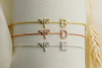 Dragonfly  Bracelet with Initial  • CZ Dragonfly Jewelry • Initial Bracelet with Infinity Sign • Custom Bracelet • Pave Initial Bracelet - silvergoldandrose