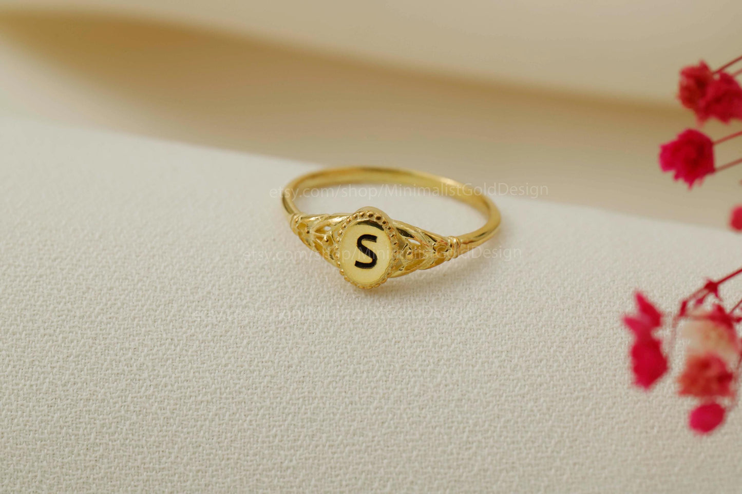 GoldLuxe Custom Initial Pinky Ring - 18K Gold Filled Vintage Design, Personalized Letter in 925 Sterling Silver