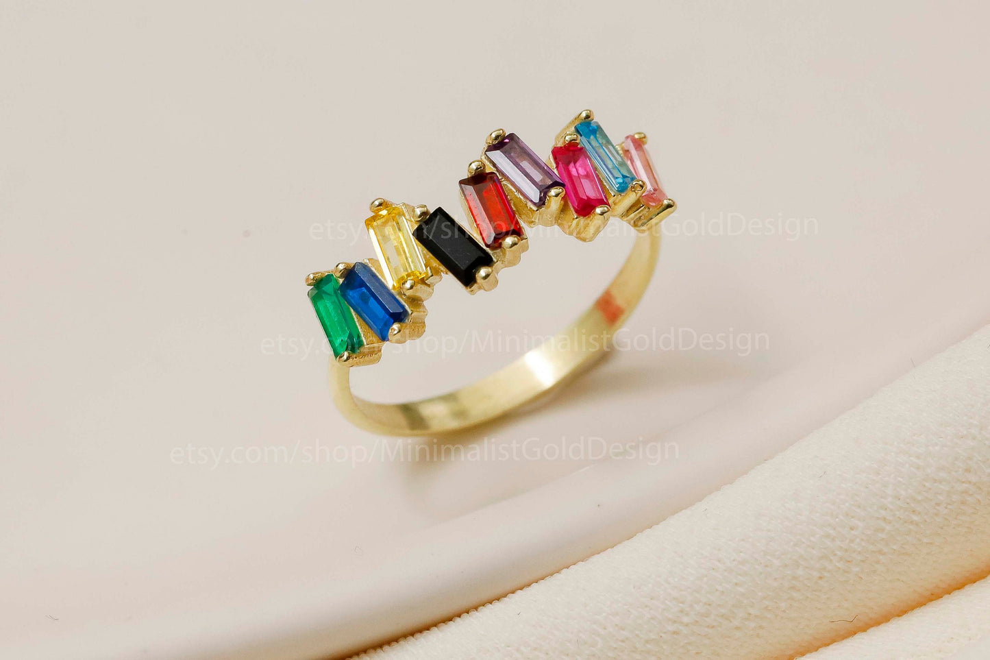 Dainty Baguette Multicolor Ring, 18K Gold Filled Rainbow Stone Ring, Handmade Gemstones Ring, Baguette Cut Gemstones, Gift for Her