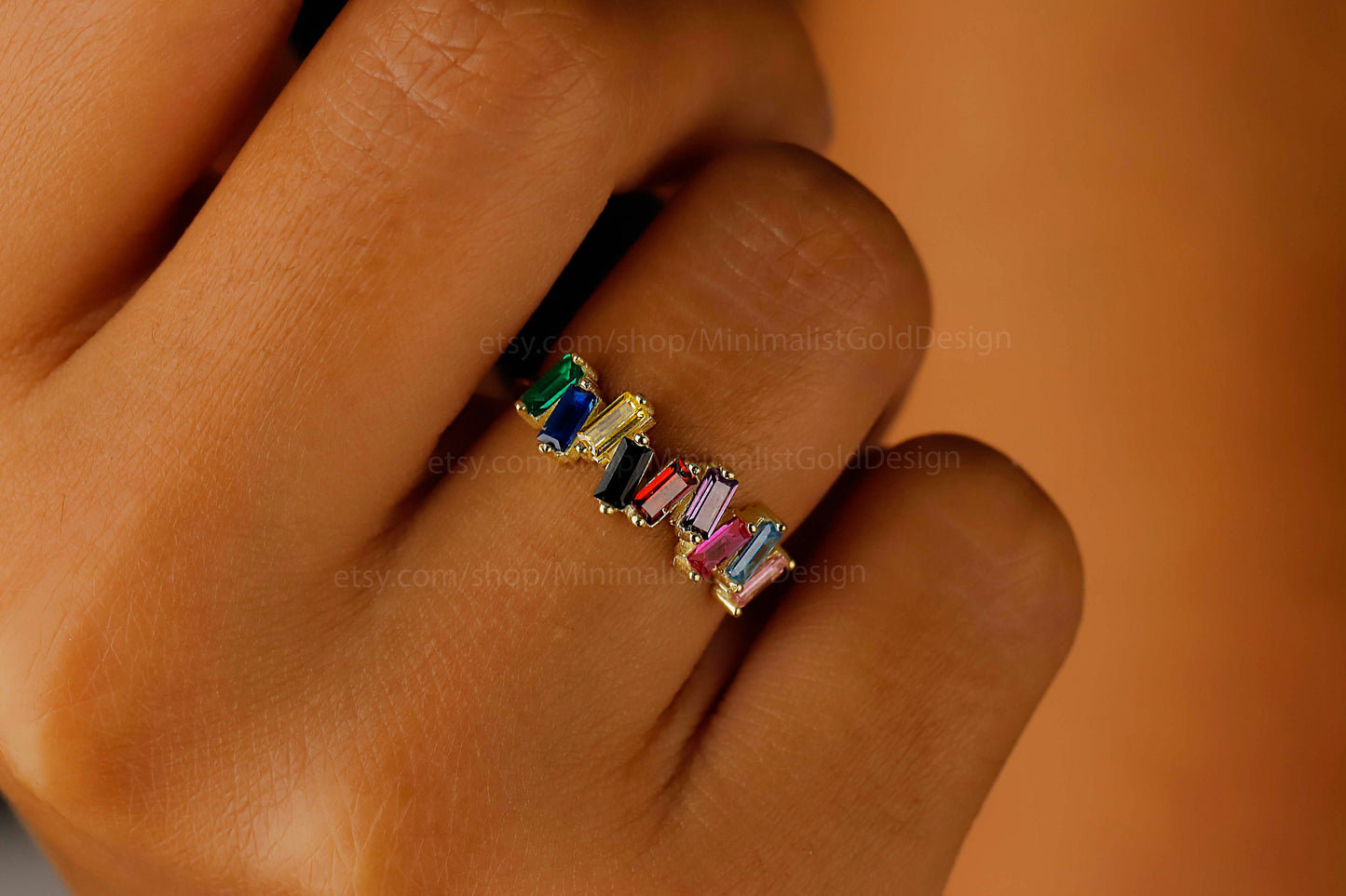 Dainty Baguette Multicolor Ring, 18K Gold Filled Rainbow Stone Ring, Handmade Gemstones Ring, Baguette Cut Gemstones, Gift for Her