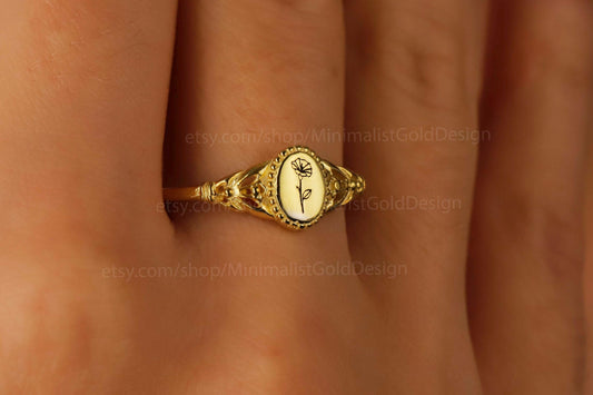 Brand Name Floral Signet Ring - Personalized 18K Gold Filled Birth Flower Ring for Stackable Vintage Style