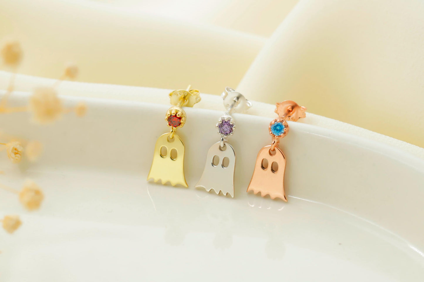Cute Ghost Stud Earrings Halloween Gifts, Dainty Gold Stud Earrings with Cubic Zirconia, Gifts for Her - silvergoldandrose