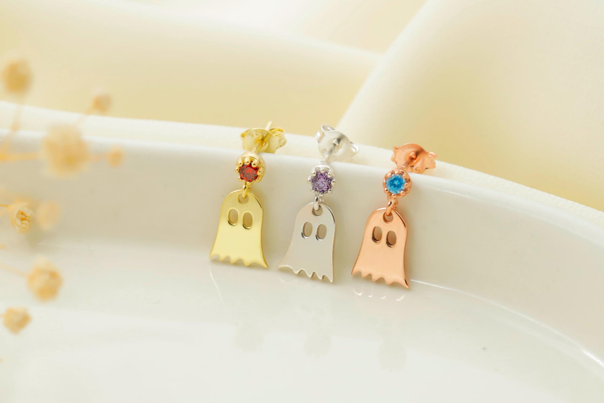 Cute Ghost Stud Earrings Halloween Gifts, Dainty Gold Stud Earrings with Cubic Zirconia, Gifts for Her - silvergoldandrose