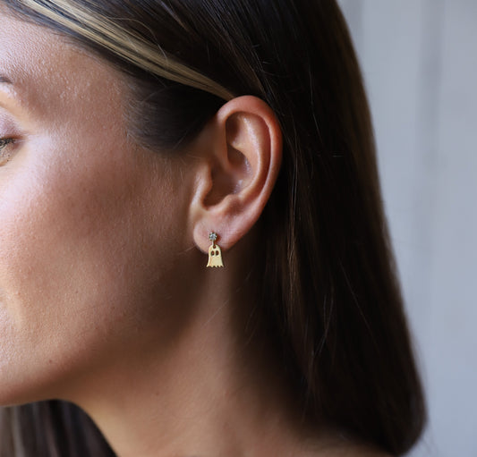 Cute Ghost Stud Earrings Halloween Gifts, Dainty Gold Stud Earrings with Cubic Zirconia, Gifts for Her - silvergoldandrose