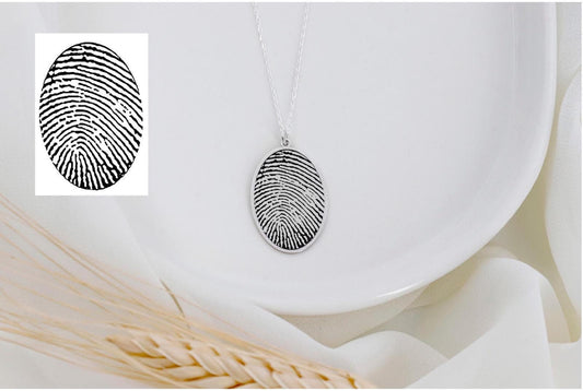 Actual Fingerprint Necklace, Memorial Jewelry Necklace in Sterling Silver • Oval Fingerprint Jewelry • Fingerprint and Handwriting Necklace - silvergoldandrose