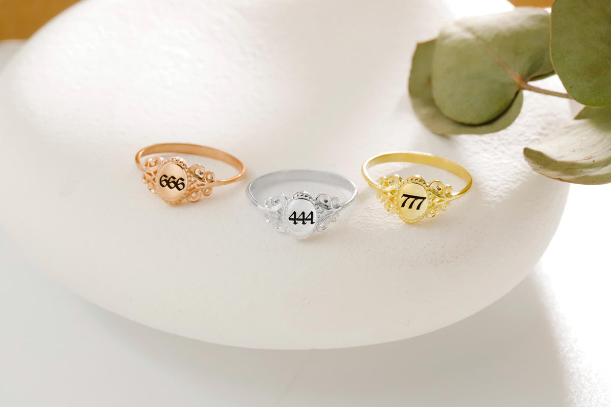 Sterling Silver Angel Number Signet Ring: Gothic Personalized Jewelry