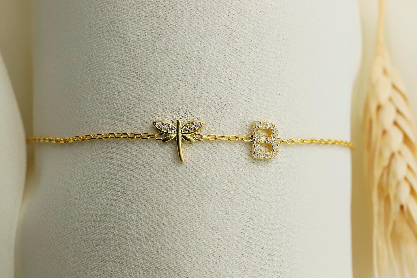 Dragonfly  Bracelet with Initial  • CZ Dragonfly Jewelry • Initial Bracelet with Infinity Sign • Custom Bracelet • Pave Initial Bracelet - silvergoldandrose