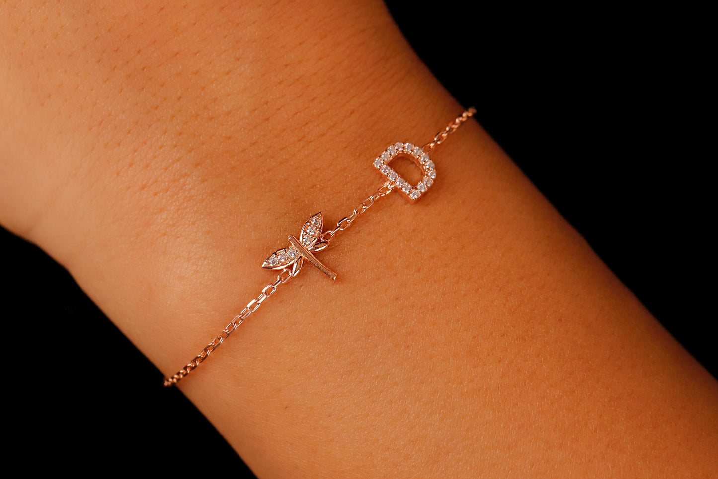 Dragonfly  Bracelet with Initial  • CZ Dragonfly Jewelry • Initial Bracelet with Infinity Sign • Custom Bracelet • Pave Initial Bracelet - silvergoldandrose