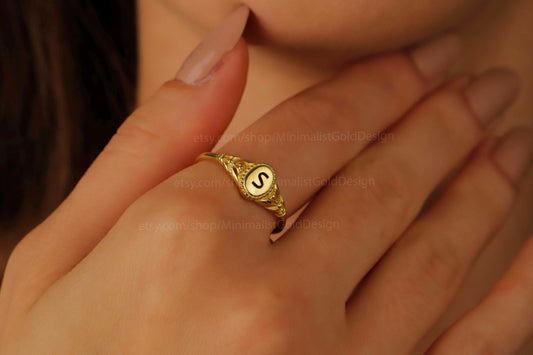 GoldLuxe Custom Initial Pinky Ring - 18K Gold Filled Vintage Design, Personalized Letter in 925 Sterling Silver