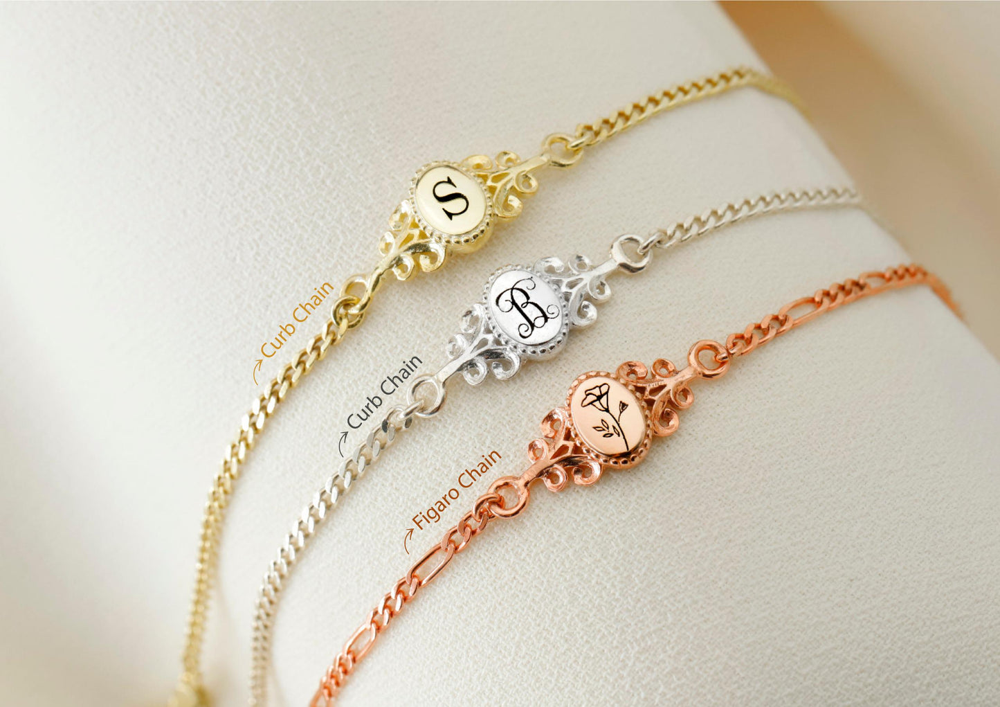 Custom Vintage Style Bracelet, 925 Sterling Silver Letter Bracelet, Birth Flower Bracelet, Monogram Initial Bracelet, Personalized Gifts