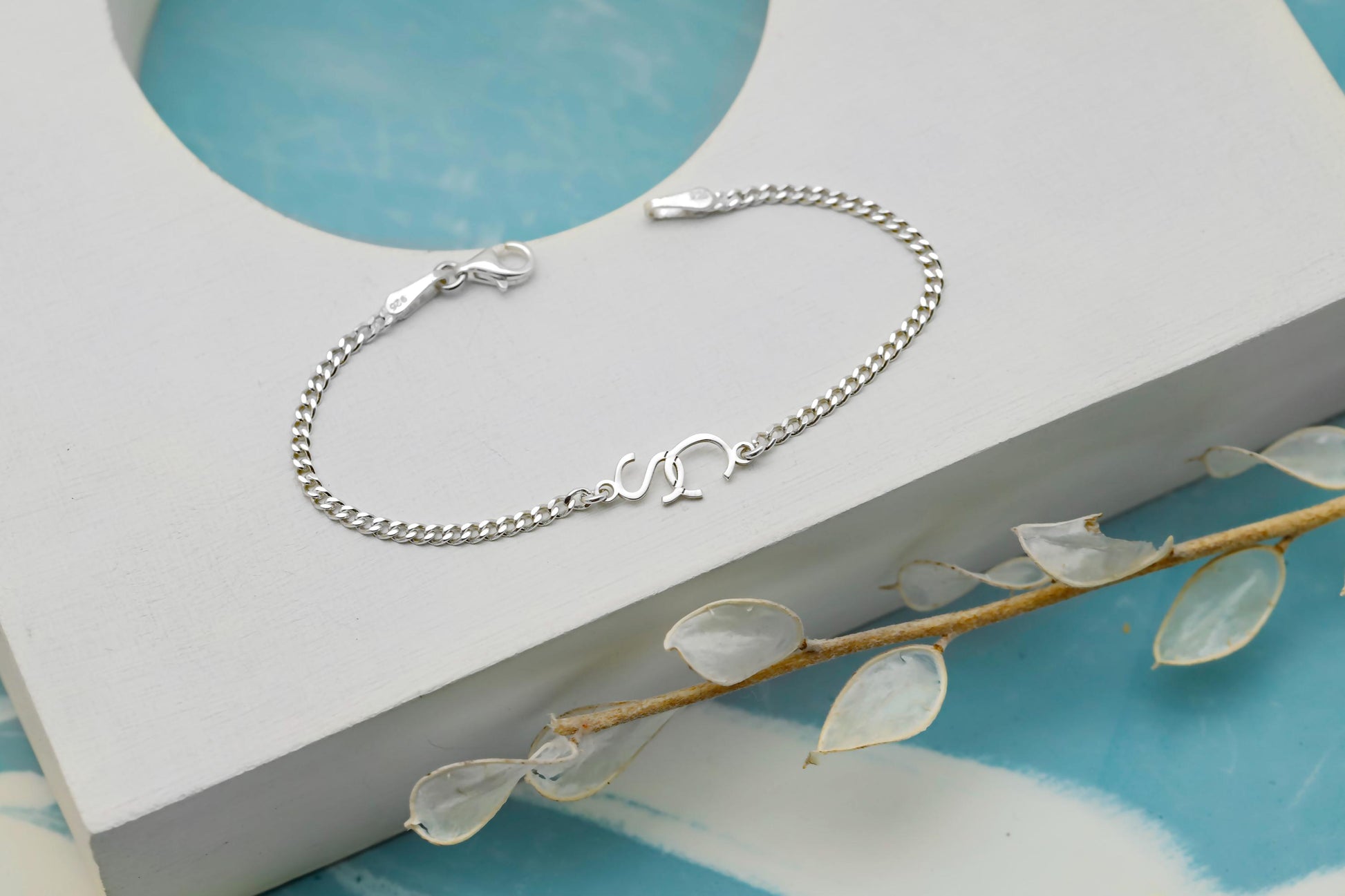 Silver bracelet on a white surface with a branch and leaves in the background
