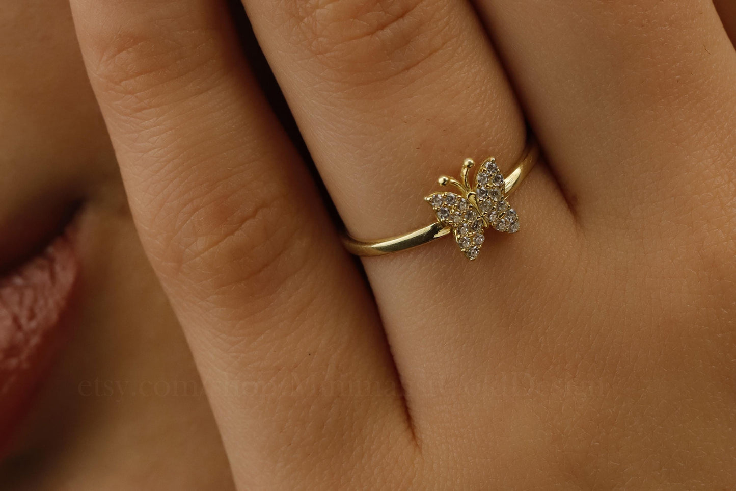 Glimmer & Co. Butterfly Ring - Dainty 18K Gold Filled Minimalist Design with Sparkling Crystal Accents