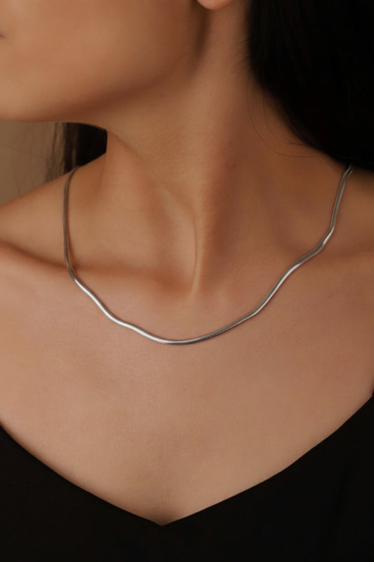 Silver necklace on a person against a neutral background