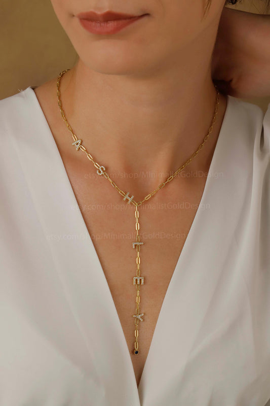Lariat Y Shaped Necklace • Birth Stone Link Chain Jewelry • CZ Diamond Letter Necklace • Personalized Necklace • Customized Gifts for Her