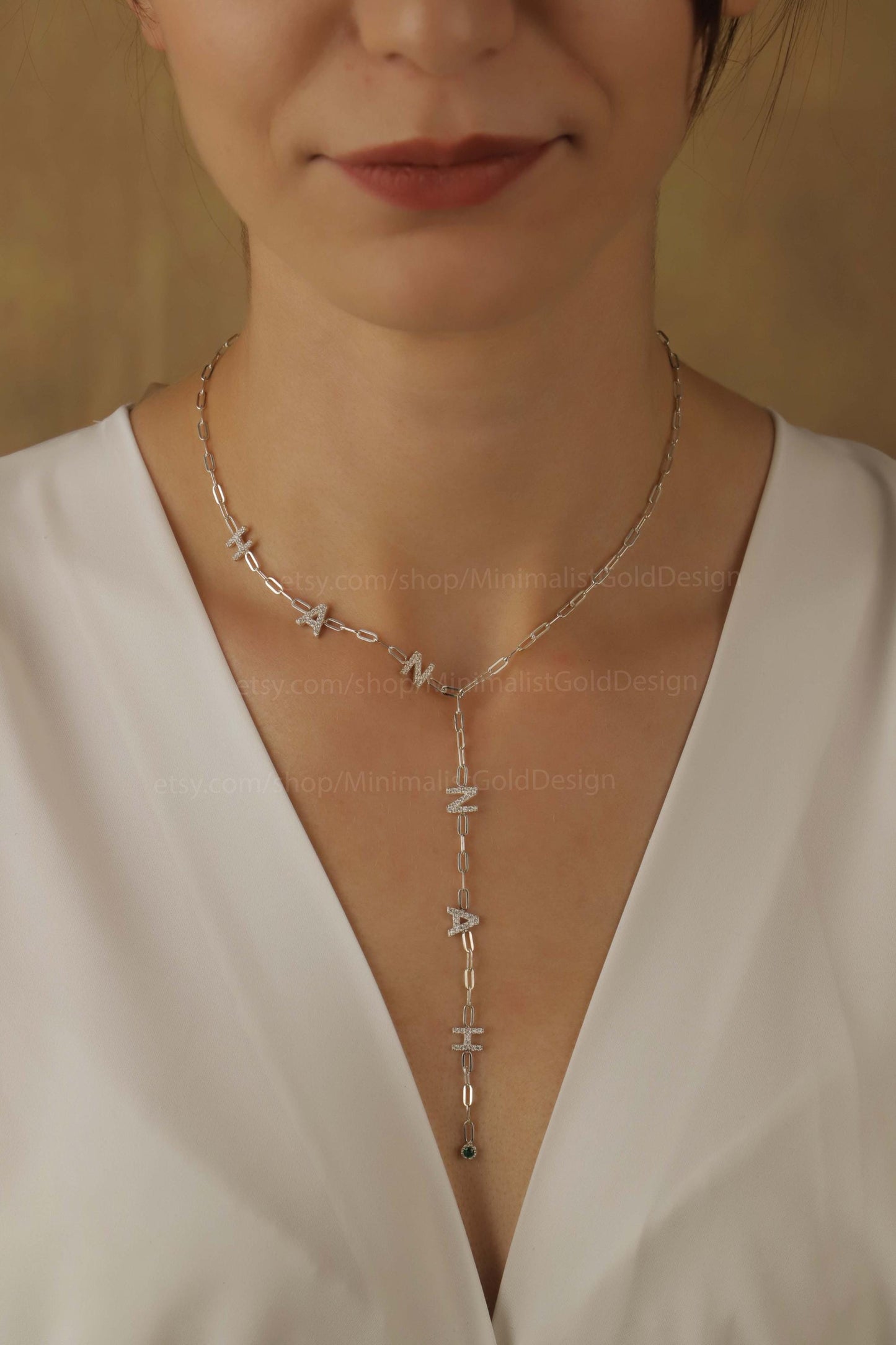 Lariat Y Shaped Necklace • Birth Stone Link Chain Jewelry • CZ Diamond Letter Necklace • Personalized Necklace • Customized Gifts for Her