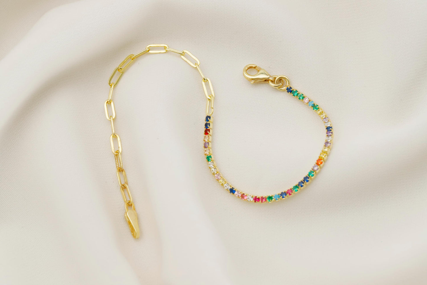 14K Gold Filled Colorful CZ Tennis Bracelet: Sterling Silver Box Chain