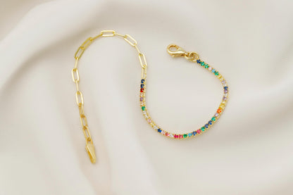 14K Gold Filled Colorful CZ Tennis Bracelet: Sterling Silver Box Chain