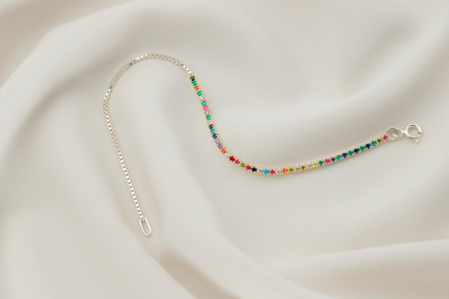 14K Gold Filled Colorful CZ Tennis Bracelet: Sterling Silver Box Chain
