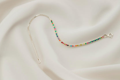 14K Gold Filled Colorful CZ Tennis Bracelet: Sterling Silver Box Chain