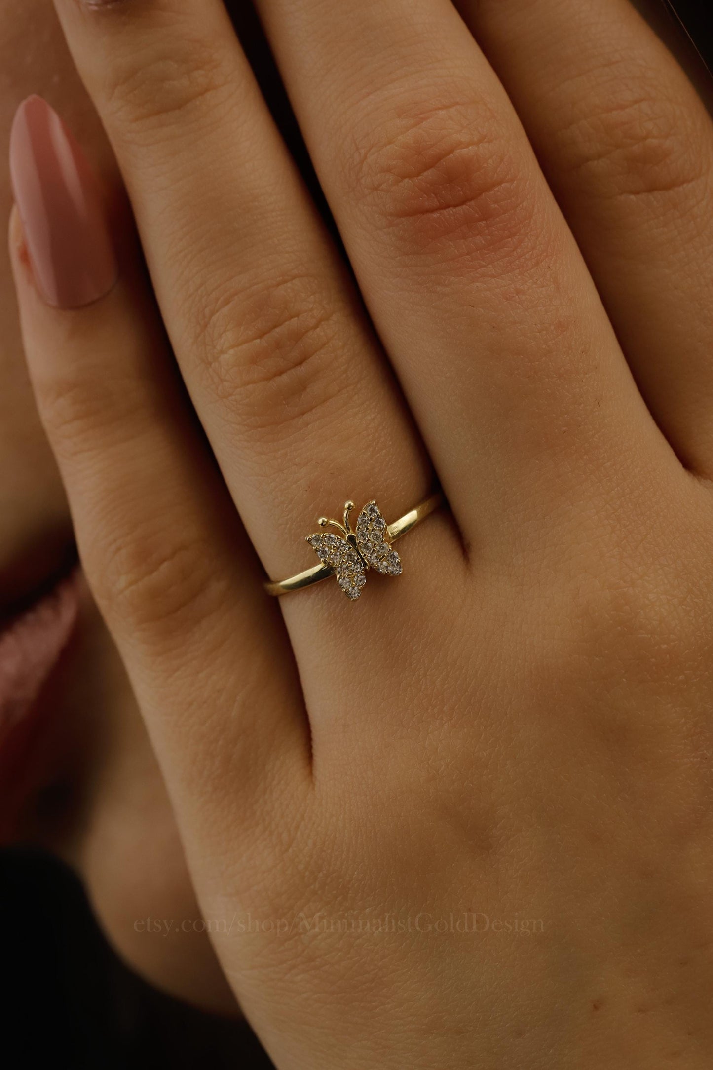 Glimmer & Co. Butterfly Ring - Dainty 18K Gold Filled Minimalist Design with Sparkling Crystal Accents