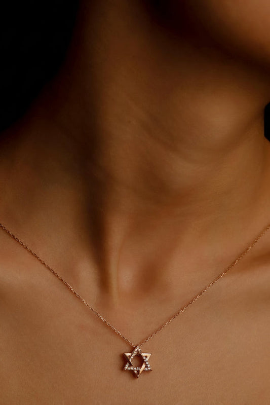 Gold necklace with a Star of David pendant on a person's neck against a dark background