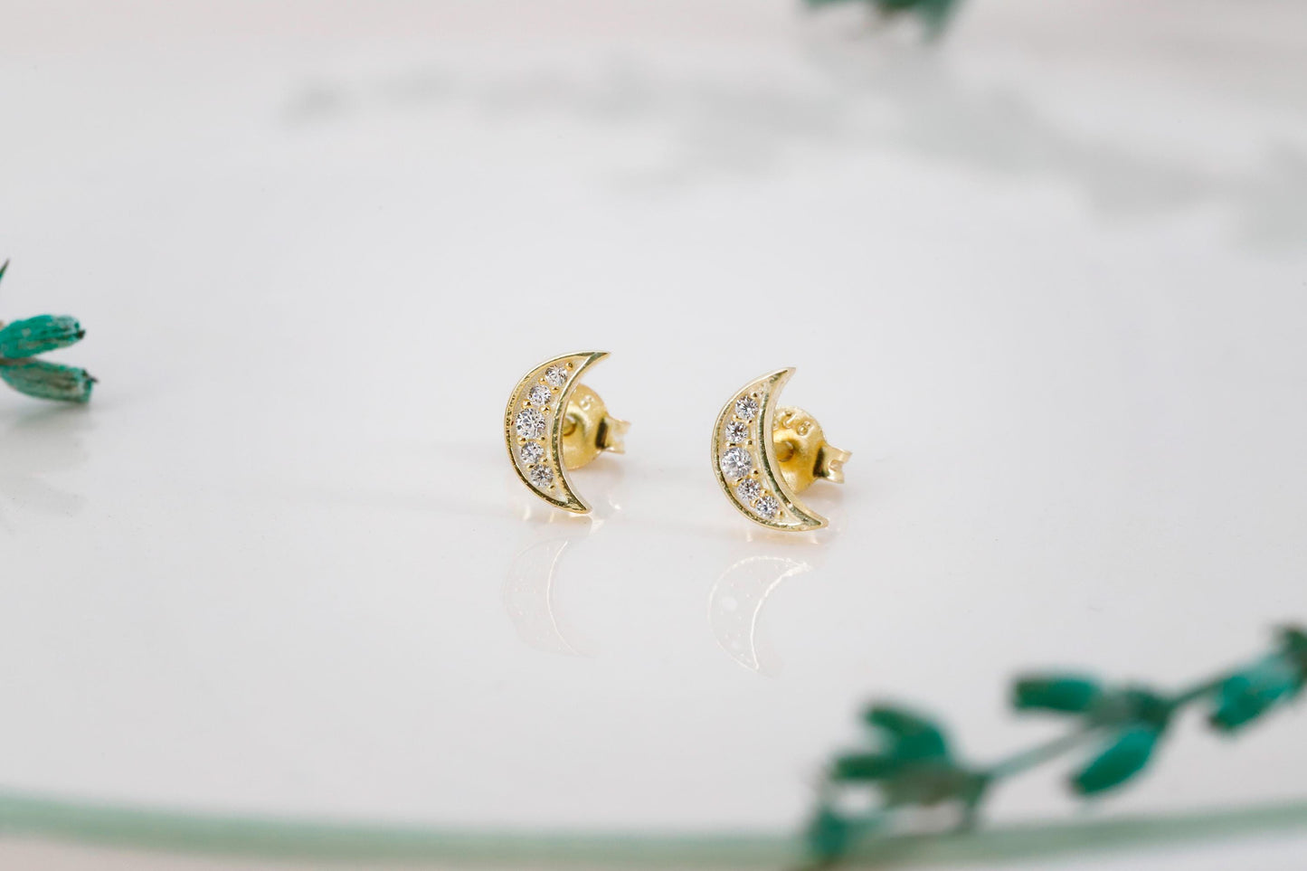 Dainty Crescent Moon • Tiny Moon Stud Earrings with CZ Stone • Sterling Silver, Rose Gold and Gold