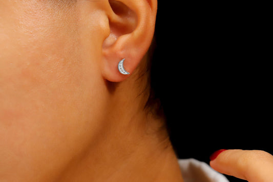 Dainty Crescent Moon • Tiny Moon Stud Earrings with CZ Stone • Sterling Silver, Rose Gold and Gold