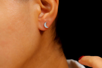 Dainty CZ Crescent Moon Stud Earrings: Sterling Silver, Gold, Rose Gold
