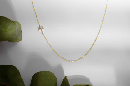 Gold Sideways Cross Necklace • CZ Stone Tiny Pendant Jewelry