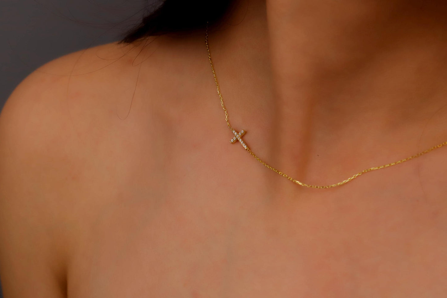 Gold Sideways Cross Necklace • CZ Stone Tiny Pendant Jewelry