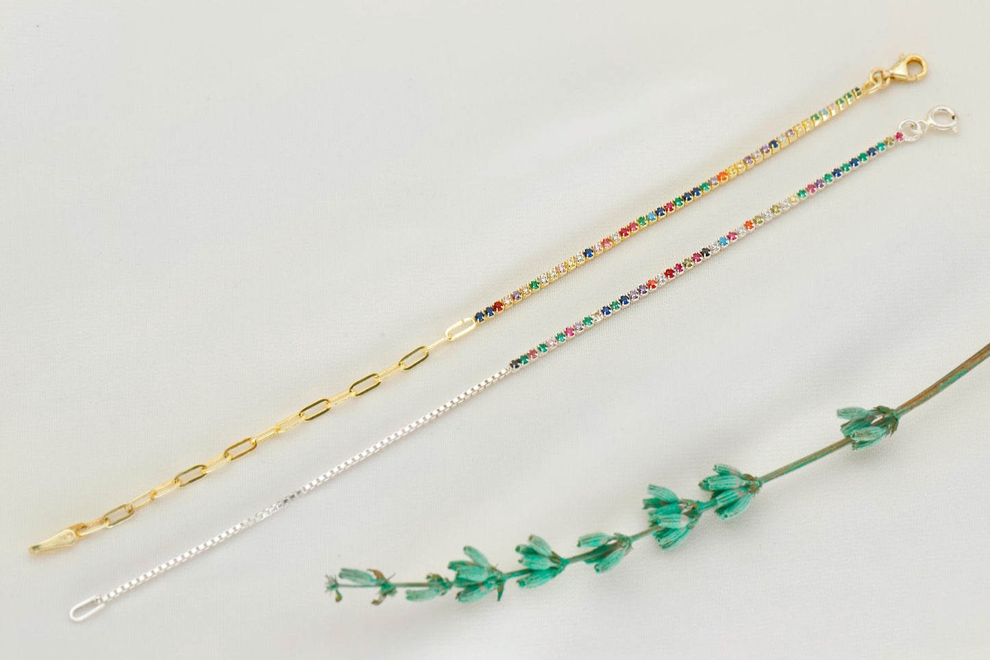 14K Gold Filled Colorful CZ Tennis Bracelet: Sterling Silver Box Chain