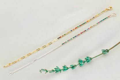 14K Gold Filled Colorful CZ Tennis Bracelet: Sterling Silver Box Chain