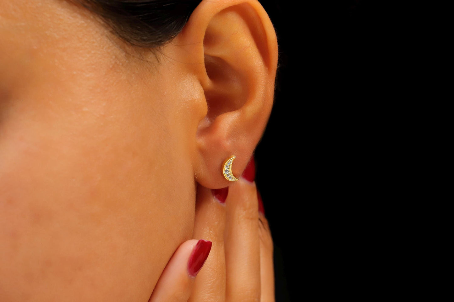 Dainty Crescent Moon • Tiny Moon Stud Earrings with CZ Stone • Sterling Silver, Rose Gold and Gold