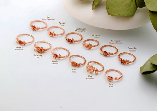 Birth Month Birth Flower Ring with CZ Diamond