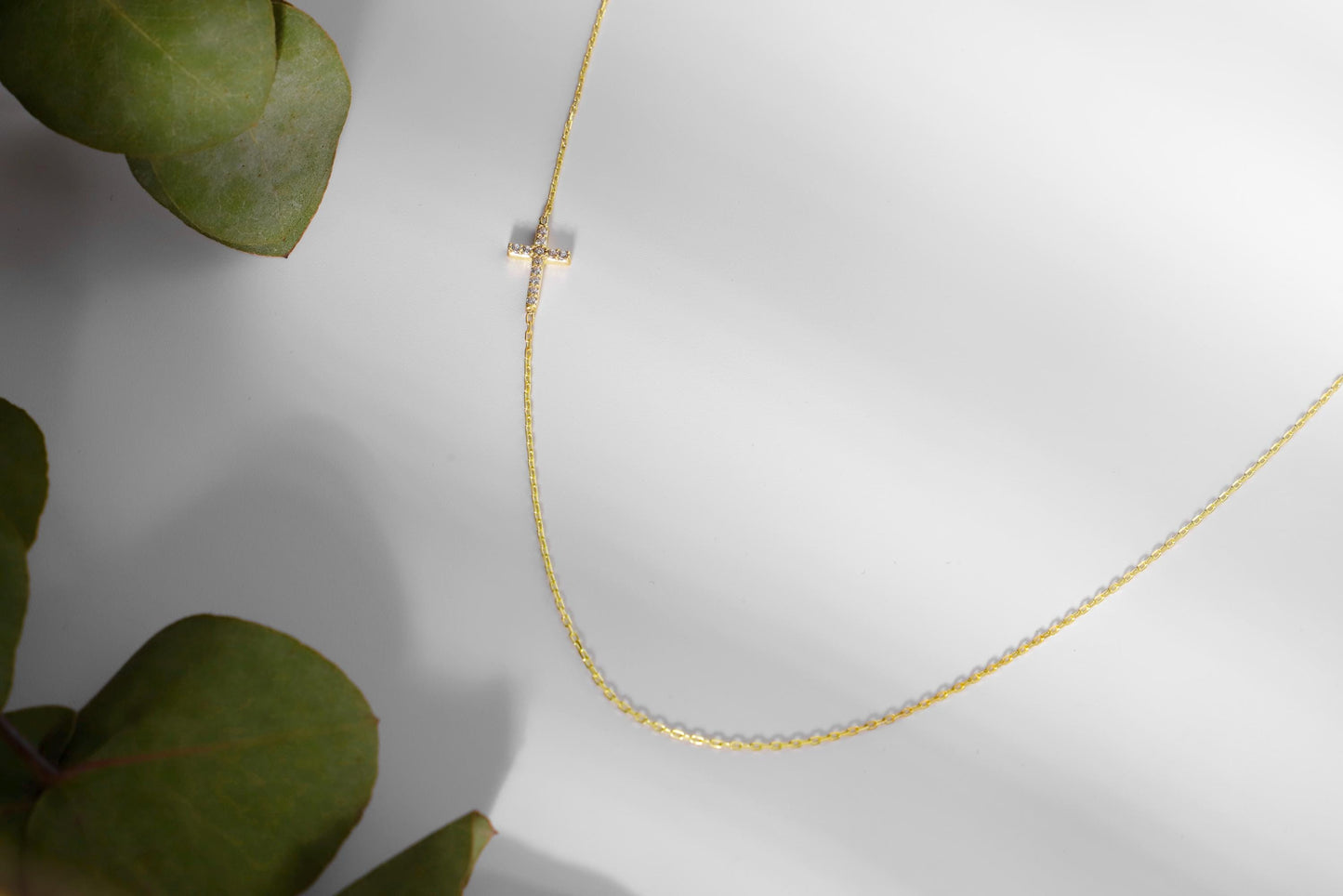 Gold Sideways Cross Necklace • CZ Stone Tiny Pendant Jewelry
