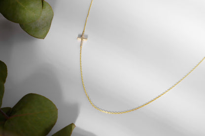 Gold Sideways Cross Necklace • CZ Stone Tiny Pendant Jewelry