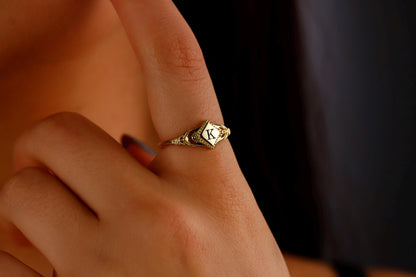 Bloom & Blossom Birth Month Flower Signet Ring - Custom Initial Pinky Ring - Dainty Goth Jewelry Gift