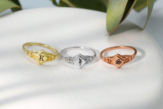 Gothic Initial Signet Ring: Personalized 925 Sterling Silver