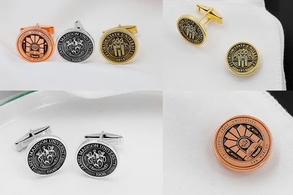 A set of personalized sterling silver cufflinks with FLORIDA STATE UNIVERSITY seal, available in different colors such as gold, silver, and rose gold.