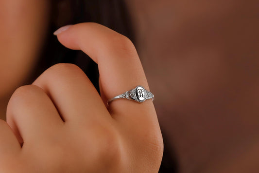 Sterling Silver Initial Signet Pinky Ring: Personalized Gothic Jewelry