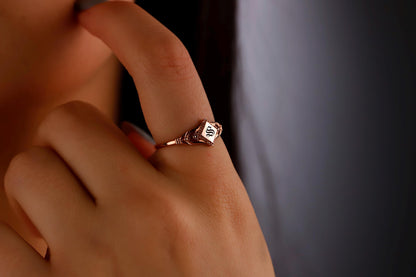 Bloom & Blossom Birth Month Flower Signet Ring - Custom Initial Pinky Ring - Dainty Goth Jewelry Gift