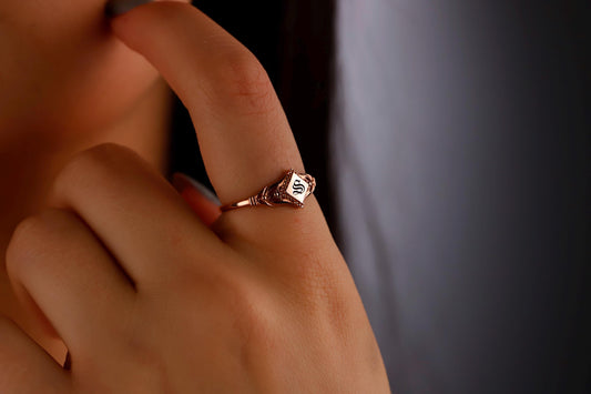 Bloom & Blossom Birth Month Flower Signet Ring - Custom Initial Pinky Ring - Dainty Goth Jewelry Gift