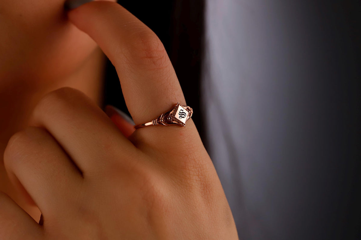 Gothic Initial Signet Ring: Personalized 925 Sterling Silver