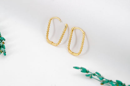 Solid 925 Sterling Silver Beaded Ball Rectangle Huggie Hoop Earrings
