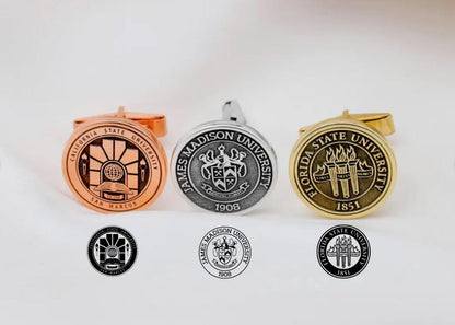 A set of personalized sterling silver cufflinks with university logos, available in different colors such as gold, silver, and rose gold.
