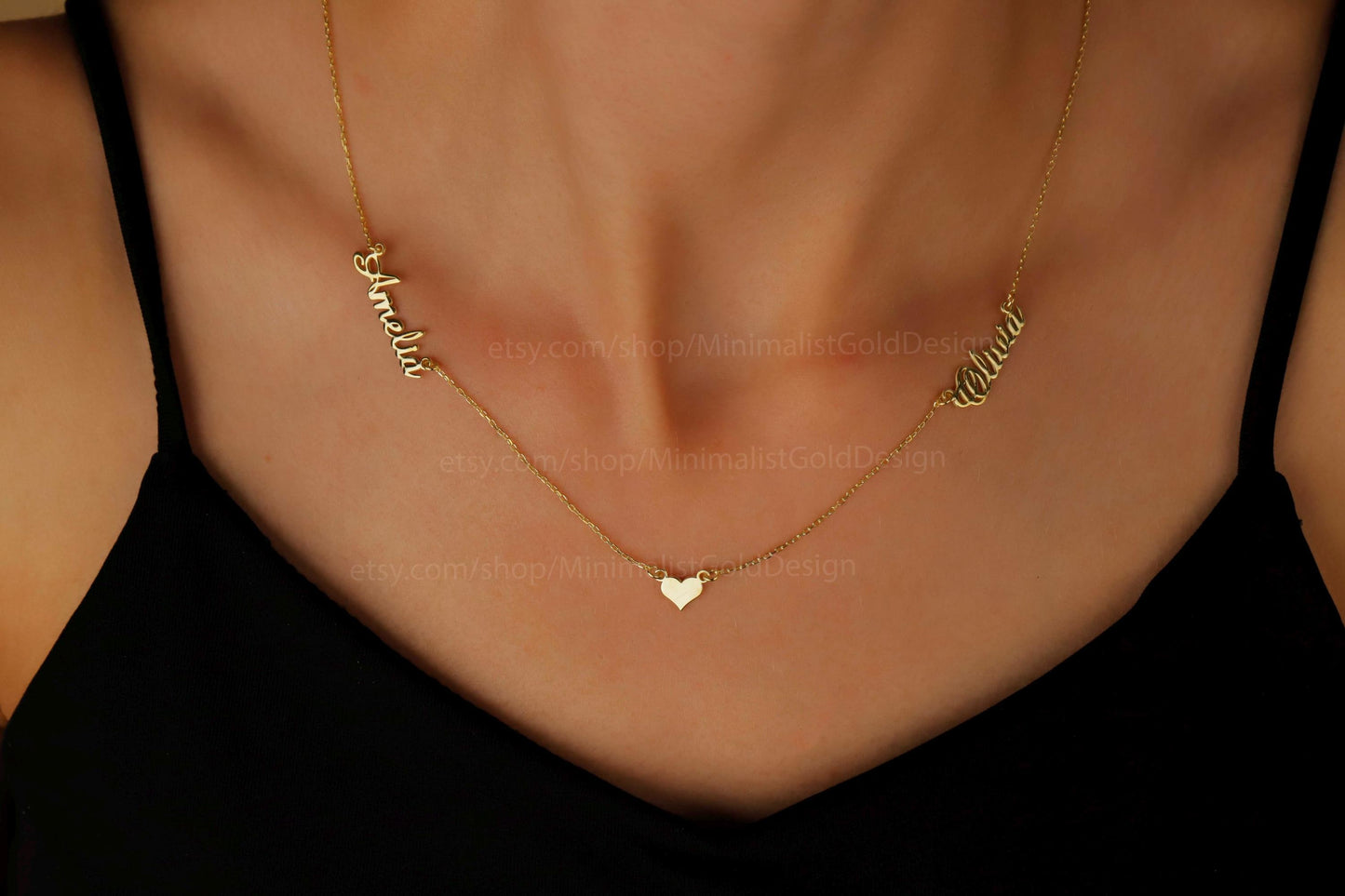 Gold Names And Heart Necklace • Two Names Necklace • Personalized Dainty Special Gifts • Gifts for Her in Gold, Rose and Silver