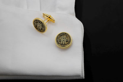 A set of personalized sterling silver cufflinks with FLORIDA STATE UNIVERSITY seal, available in different colors such as gold, silver, and rose gold.