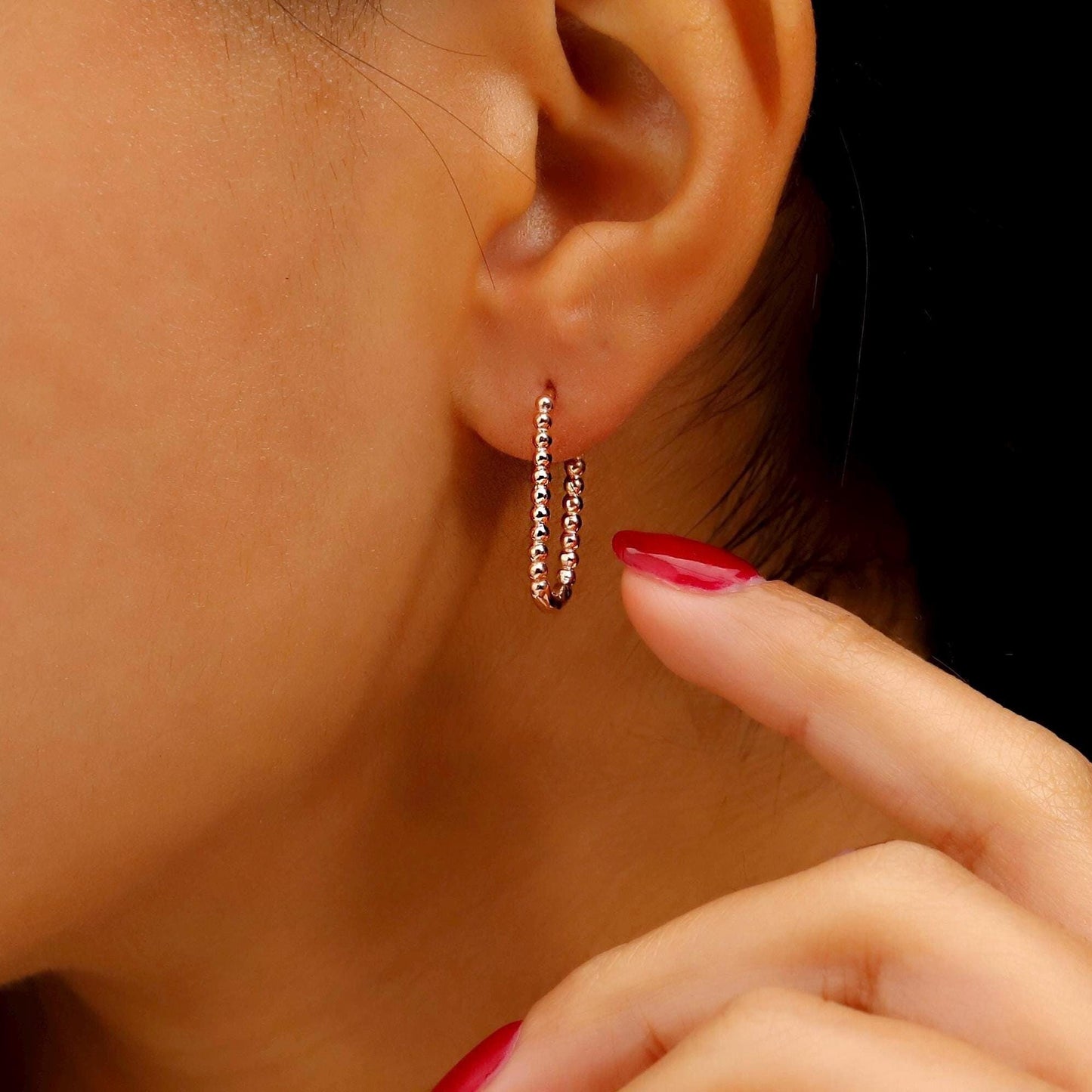 Solid 925 Sterling Silver Beaded Ball Rectangle Huggie Hoop Earrings